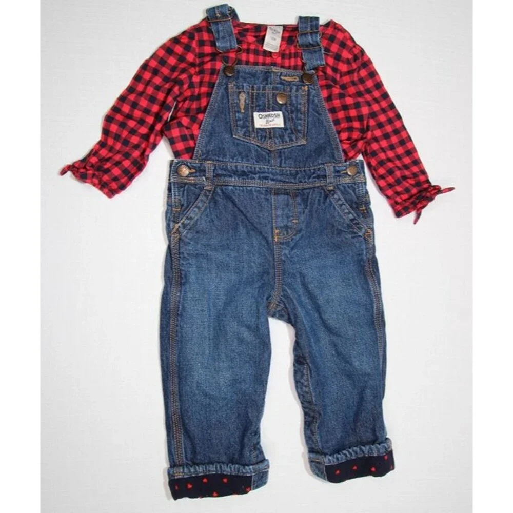 OshKosh Girls Denim Overalls Set 18M Red Plaid Heart Blue Fleece Lined 2pc